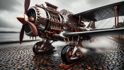 DALL·E 2023-10-18 11.59.34 - Photo of an innovative steampunk airplane parked on a cobblestone...png